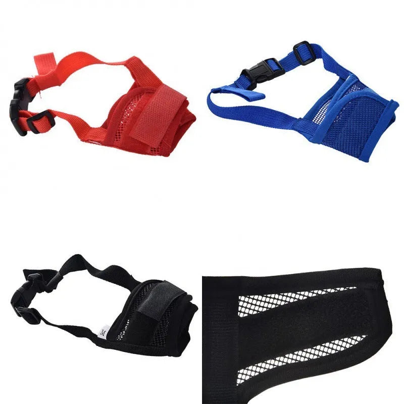 Adjustable plastic dog muzzle in multiple colours and sizes for biting and barking control.