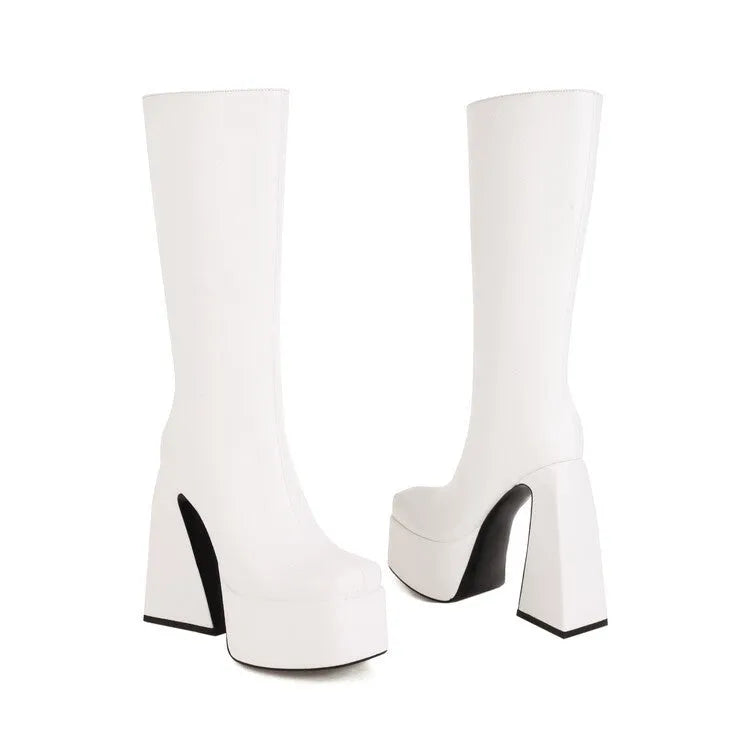 Women's casual high boots with artificial PU upper in black, red, blue, or white colour options