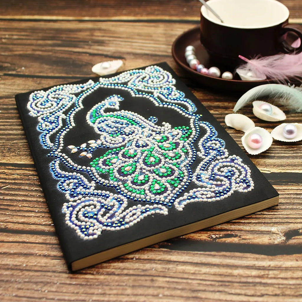 Black A5 peacock diamond painting notebook with shaped and bright drills