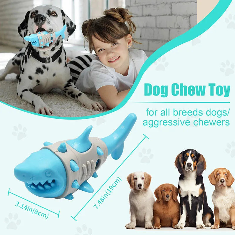 Blue durable rubber dog toy with shark-tooth texture for teething and dental cleaning.