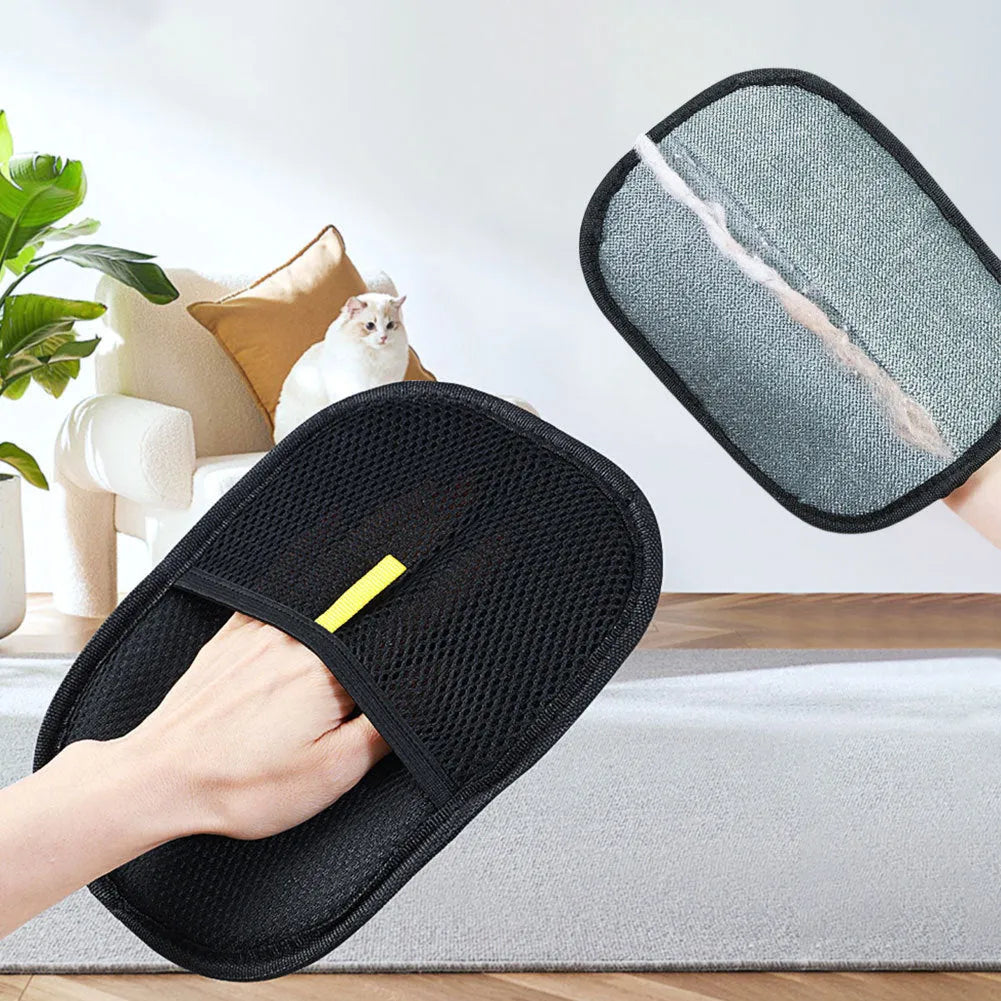 Black pet hair removal glove with silicone bristles for dog and cat grooming measuring 24 by 16 cm