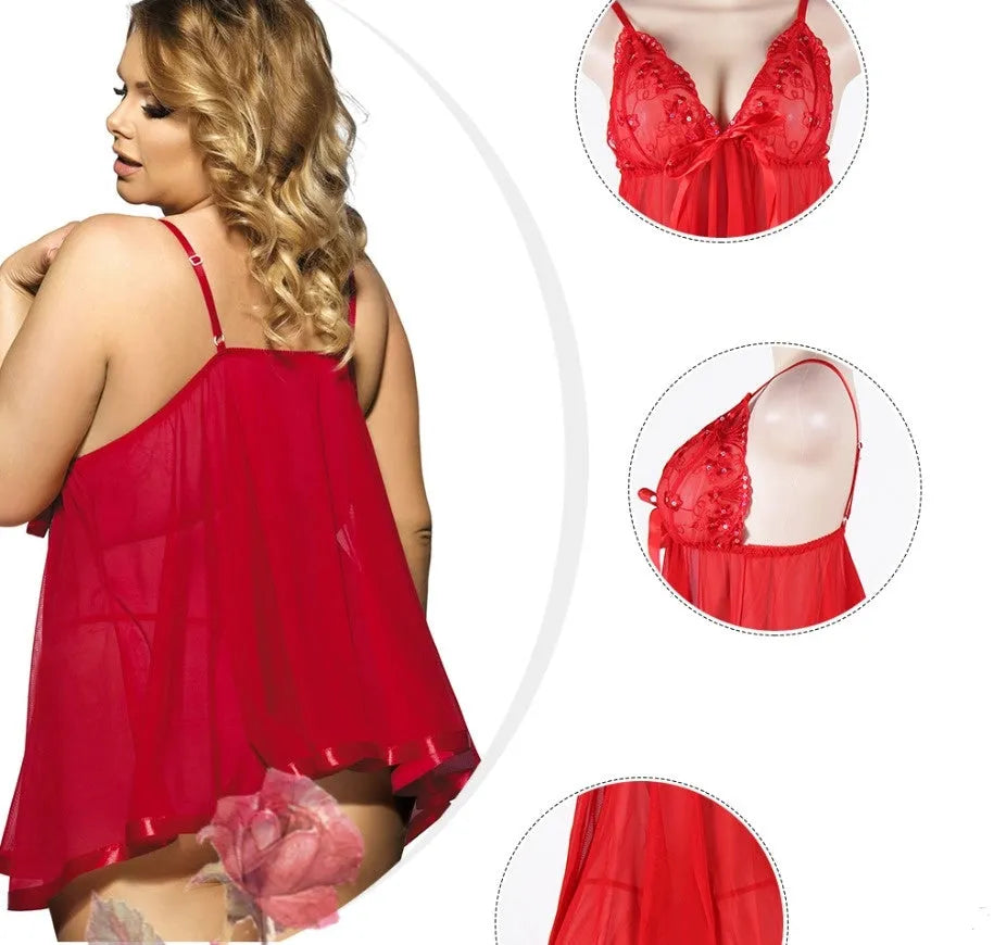 Women's purple lace mesh sleepdress on a hanger, showing seamless construction and sling dress style.