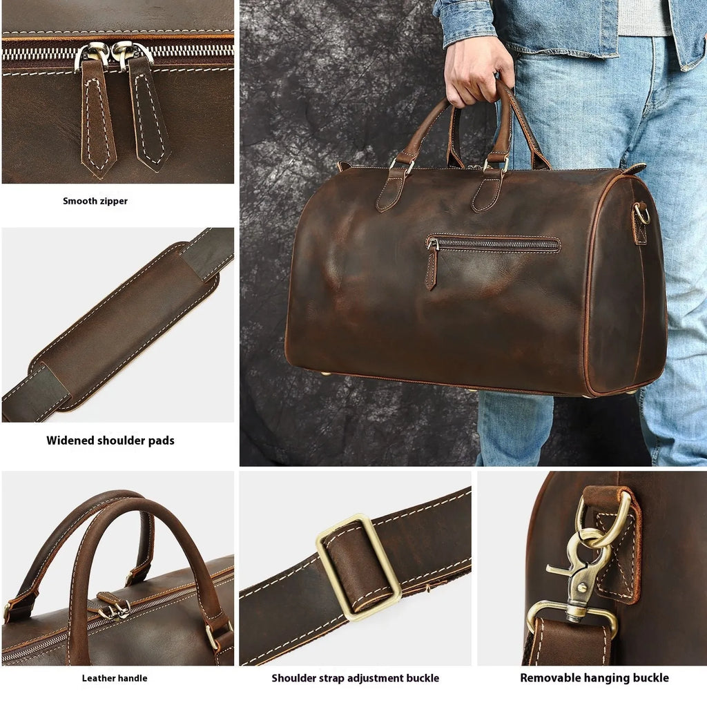 Men's large genuine leather crossbody bag in brown shown with dimensions