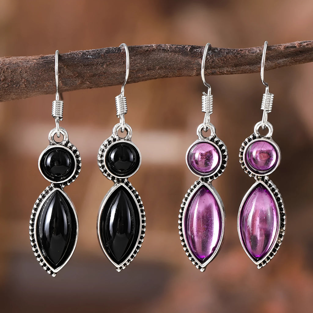 Vintage geometric earrings with black and purple pendants, zinc alloy bohemian jewellery for women