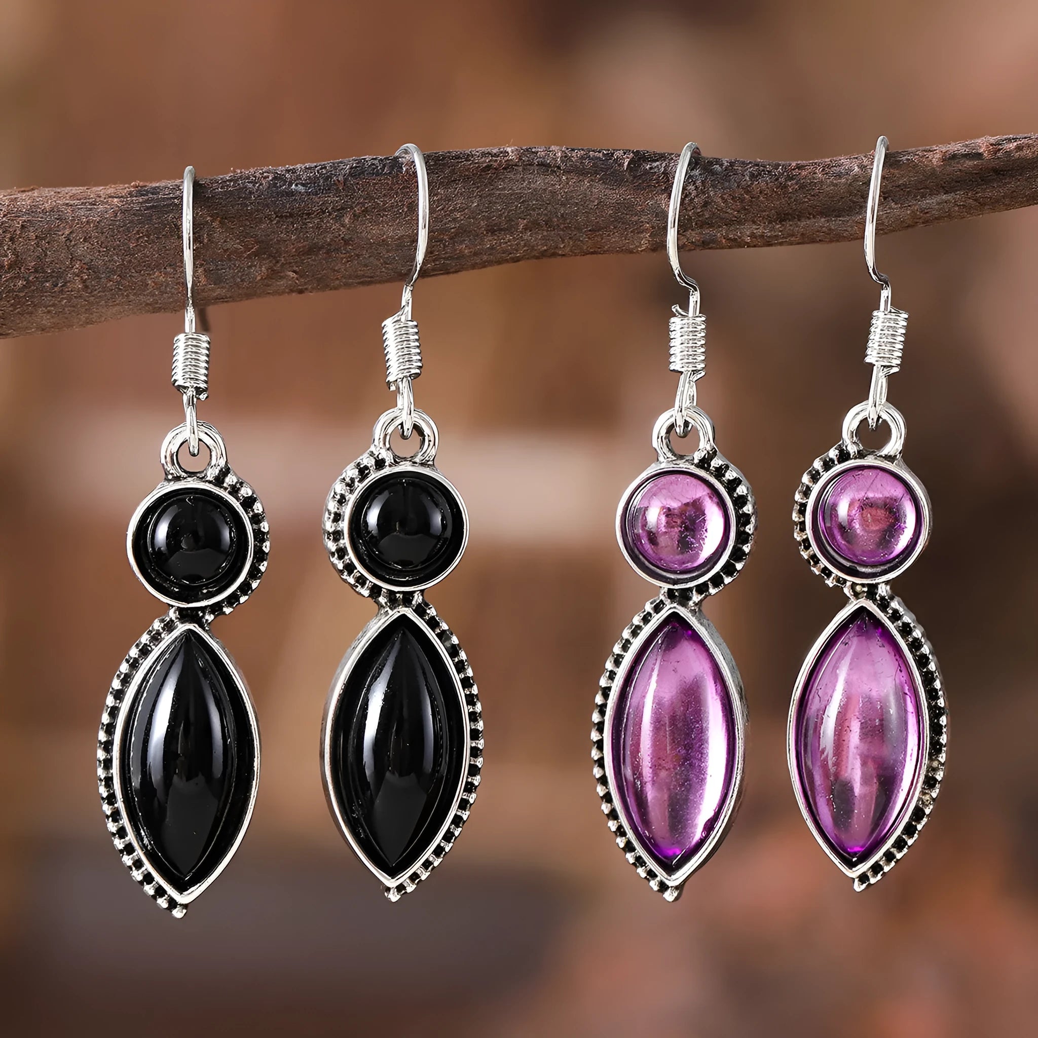 Vintage geometric earrings with black and purple pendants, zinc alloy bohemian jewellery for women