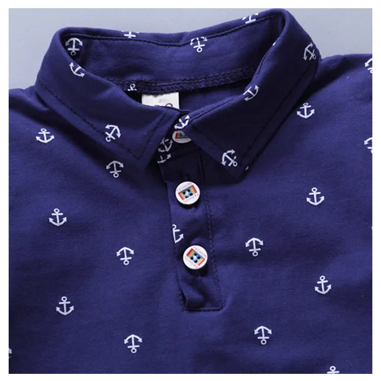 Anchor printed children's cotton pants suit in blue, short sleeve pullover style, soft treatment fabric