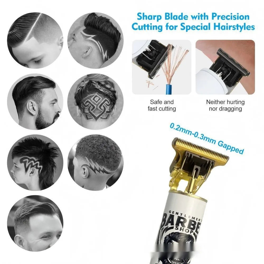 USB rechargeable hair clipper with stainless steel cutter head, plastic body, and charging cable