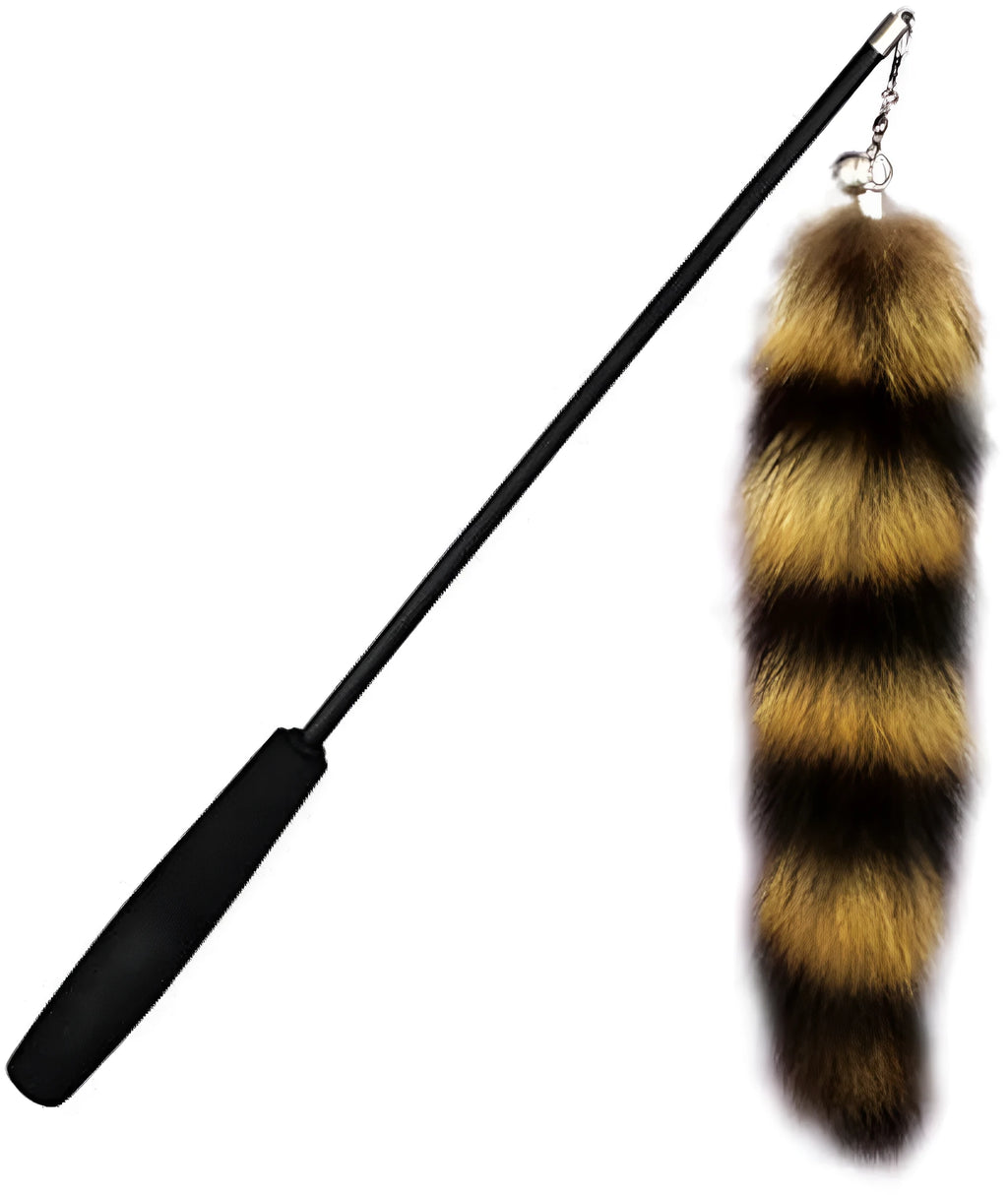 Black cat toy wand teaser with long elastic string stretched out for play.