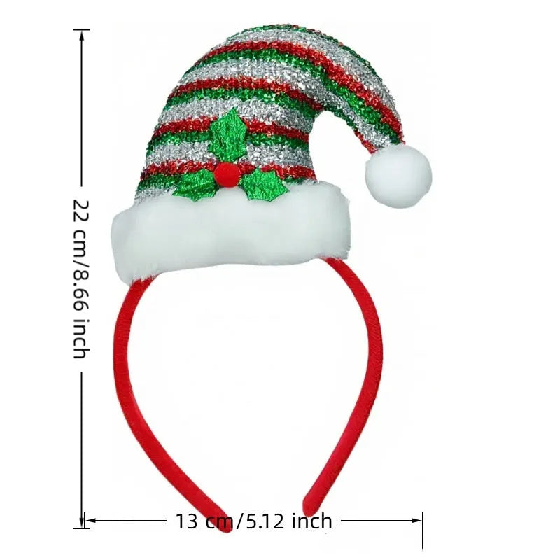 Handmade Christmas headband with elk motif in red fluffy ball cap style on a festive background
