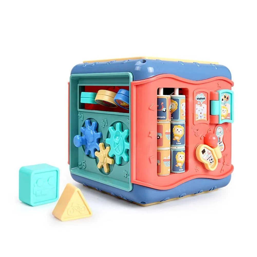 Montessori hexahedron educational toy cube with six different games including bead maze and clock face