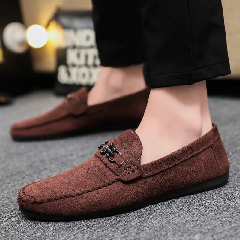 Men's waterproof slip-on loafers in black and brown with round toe and low heel