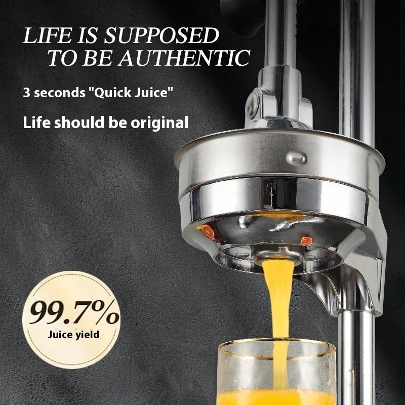 Vertical stainless steel manual citrus juicer shown in multiple colour and tip head options.