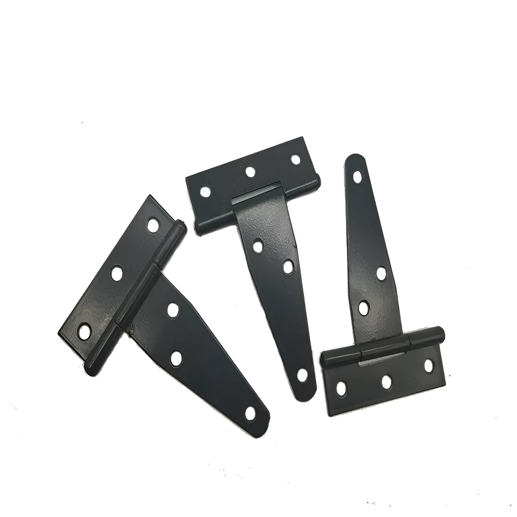 Iron T-hinge for wooden doors and outdoor gates, showing straight arm design and built-in mounting.
