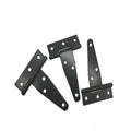 Iron T-hinge for wooden doors and outdoor gates, showing straight arm design and built-in mounting.