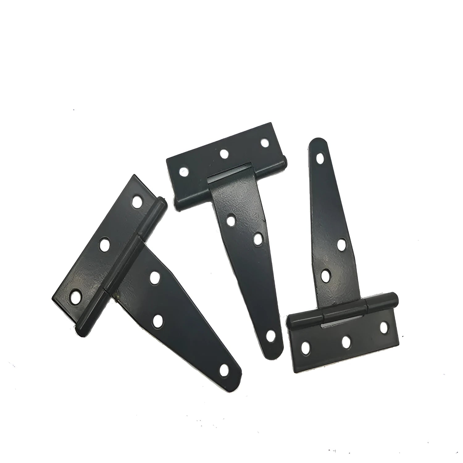 Iron T-hinge for wooden doors and outdoor gates, showing straight arm design and built-in mounting.