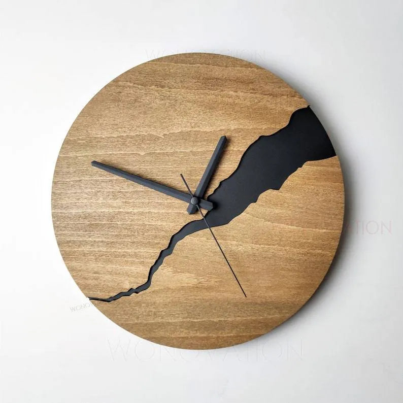 Modern simple wooden wall clock with a creative crack pattern design in a choice of five colours.