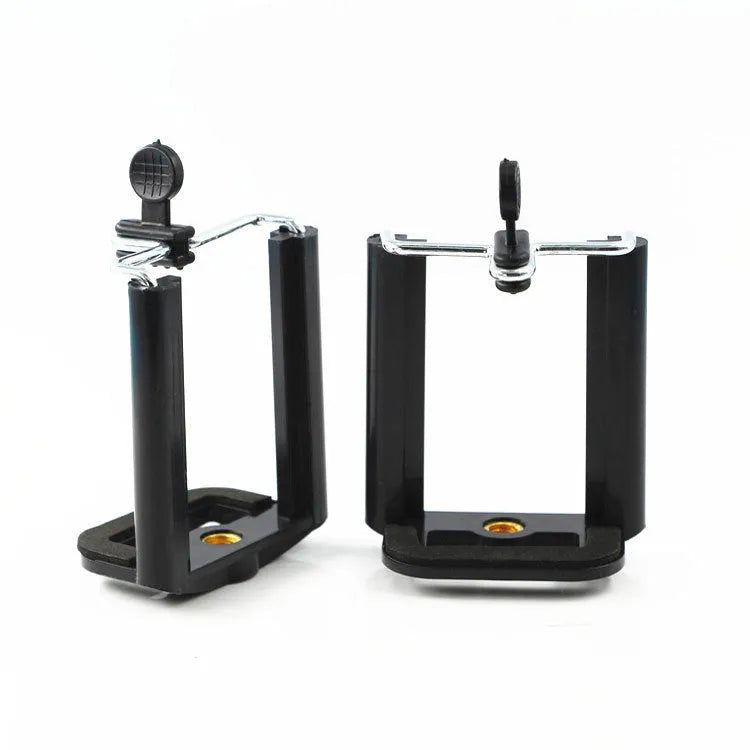 Black plastic universal mobile phone holder with U-clip bracket for attaching to cylindrical surfaces