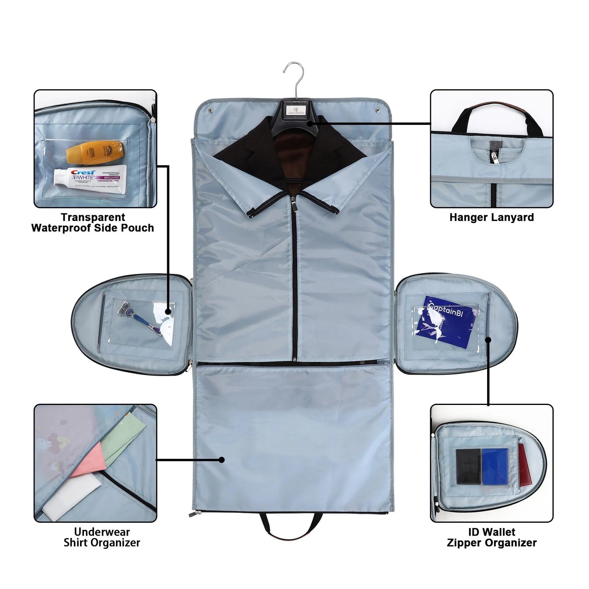 Folding dark blue oxford cloth duffel bag with handles, shown in travel setting.