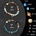 Set of two natural stone bead bracelets with elastic bands, showcasing zodiac sign designs.
