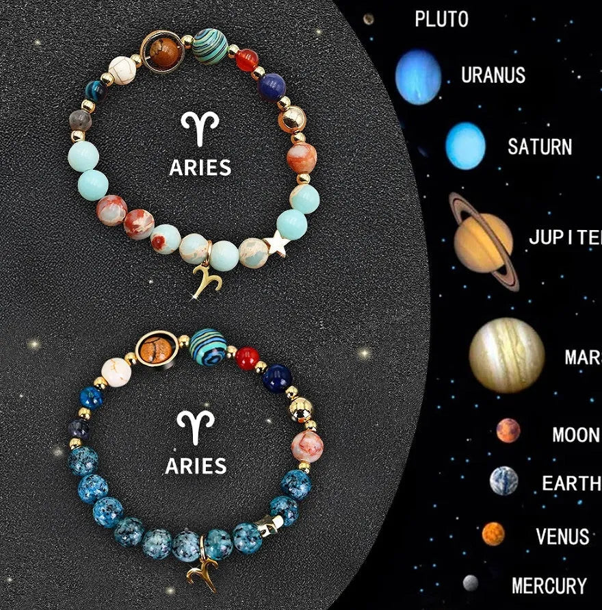 Set of two natural stone bead bracelets with elastic bands, showcasing zodiac sign designs.