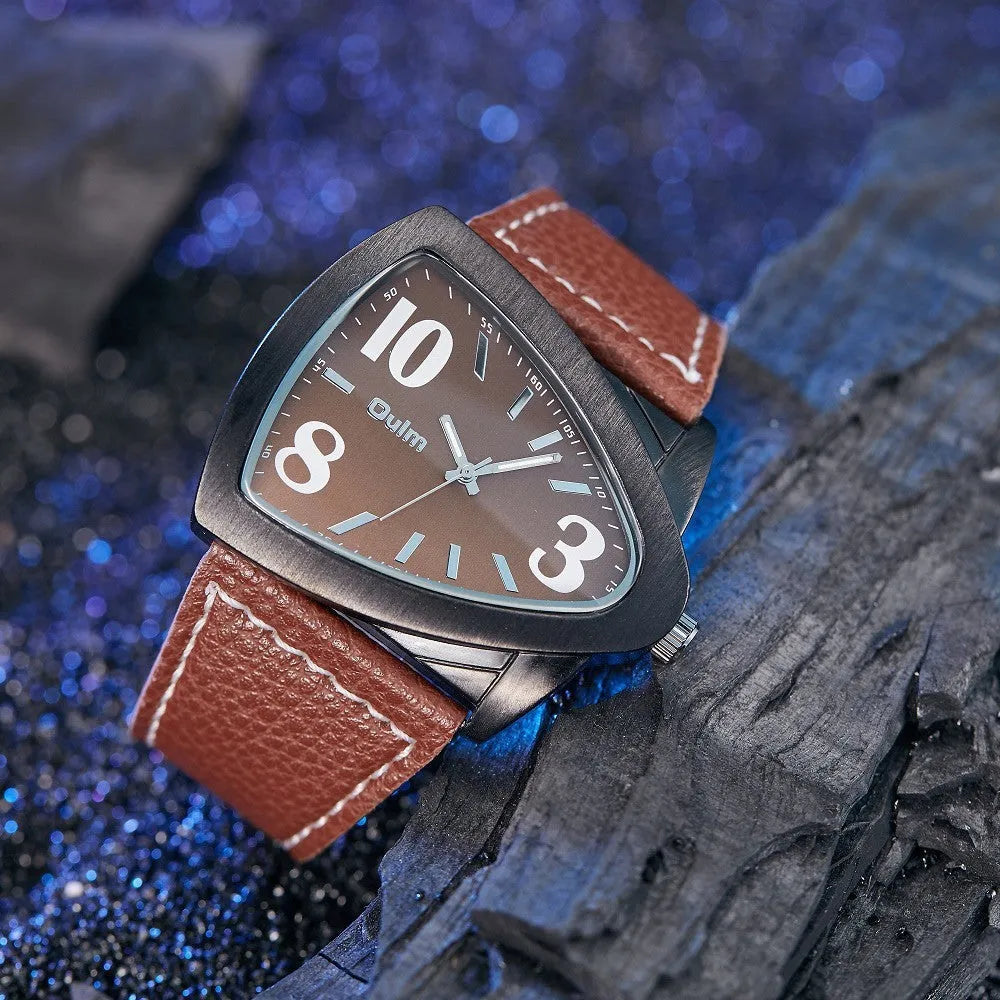 Men's casual triangle belt quartz watch showing slim 9mm profile and available colour options