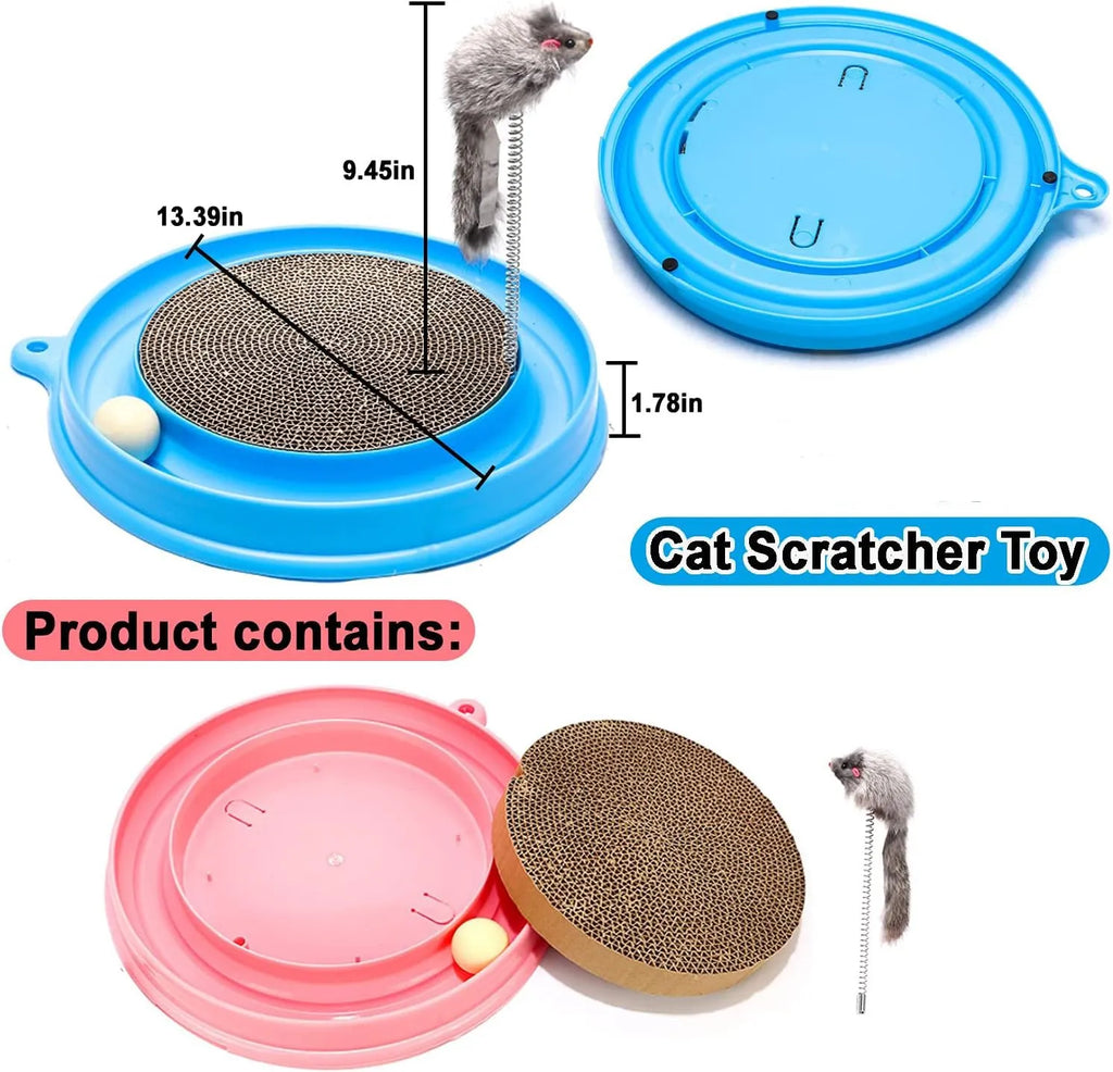 Blue cat scratcher with circular ball track and replaceable cardboard scratching surface