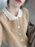Retro Peter Pan collar knitted cardigan coat with floral pattern in navy blue colour