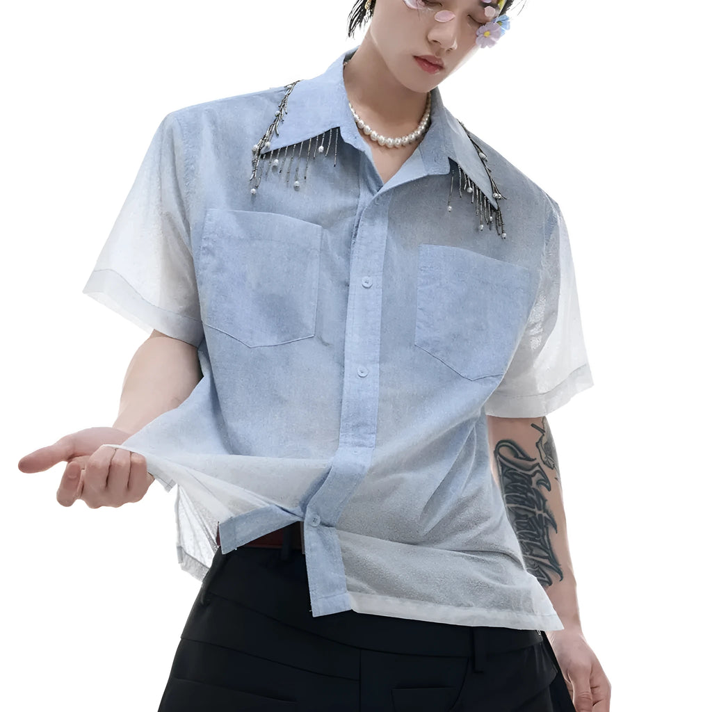 Men's blue and white gradient loose short sleeve shirt with quilted design
