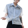 Men's blue and white gradient loose short sleeve shirt with quilted design