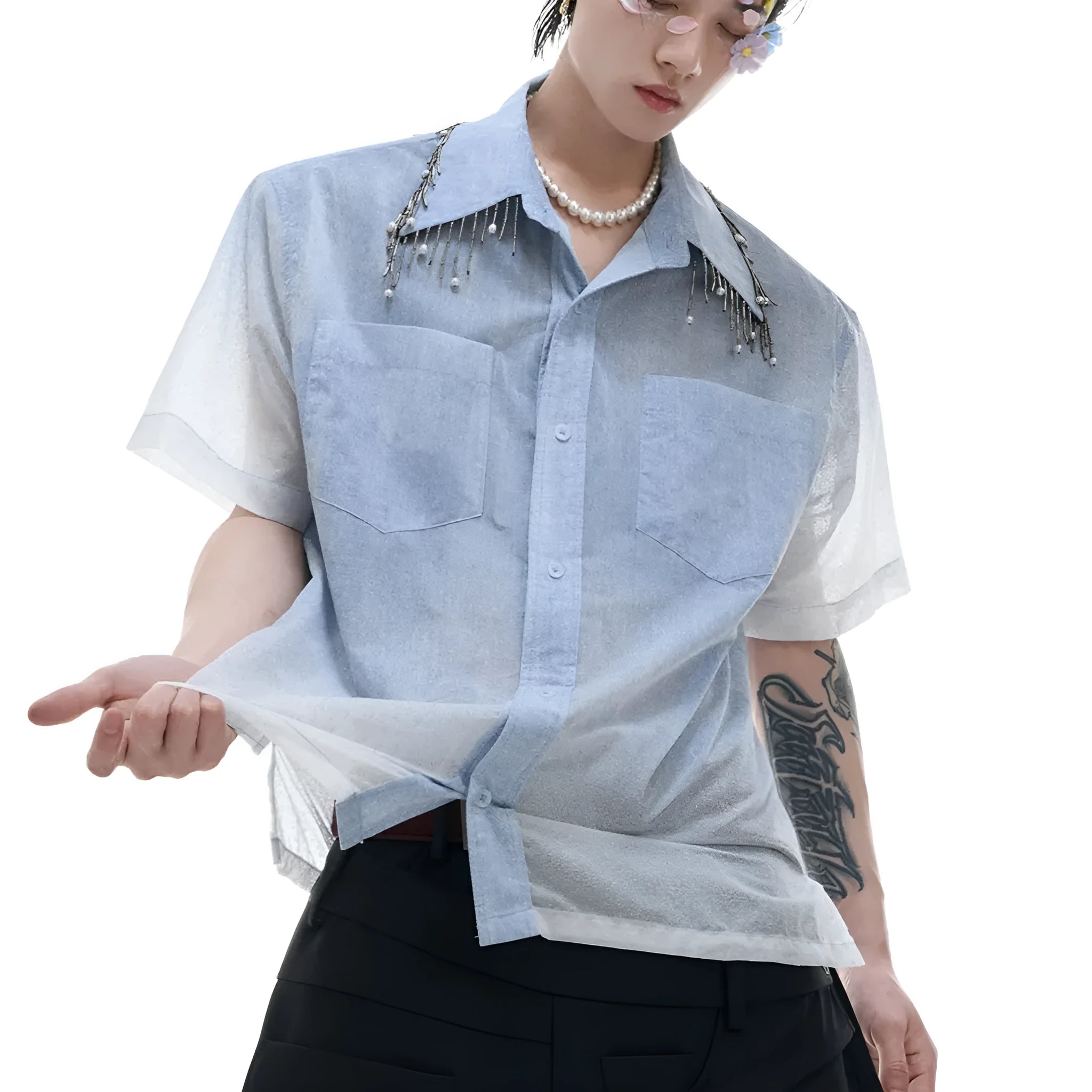 Men's blue and white gradient loose short sleeve shirt with quilted design