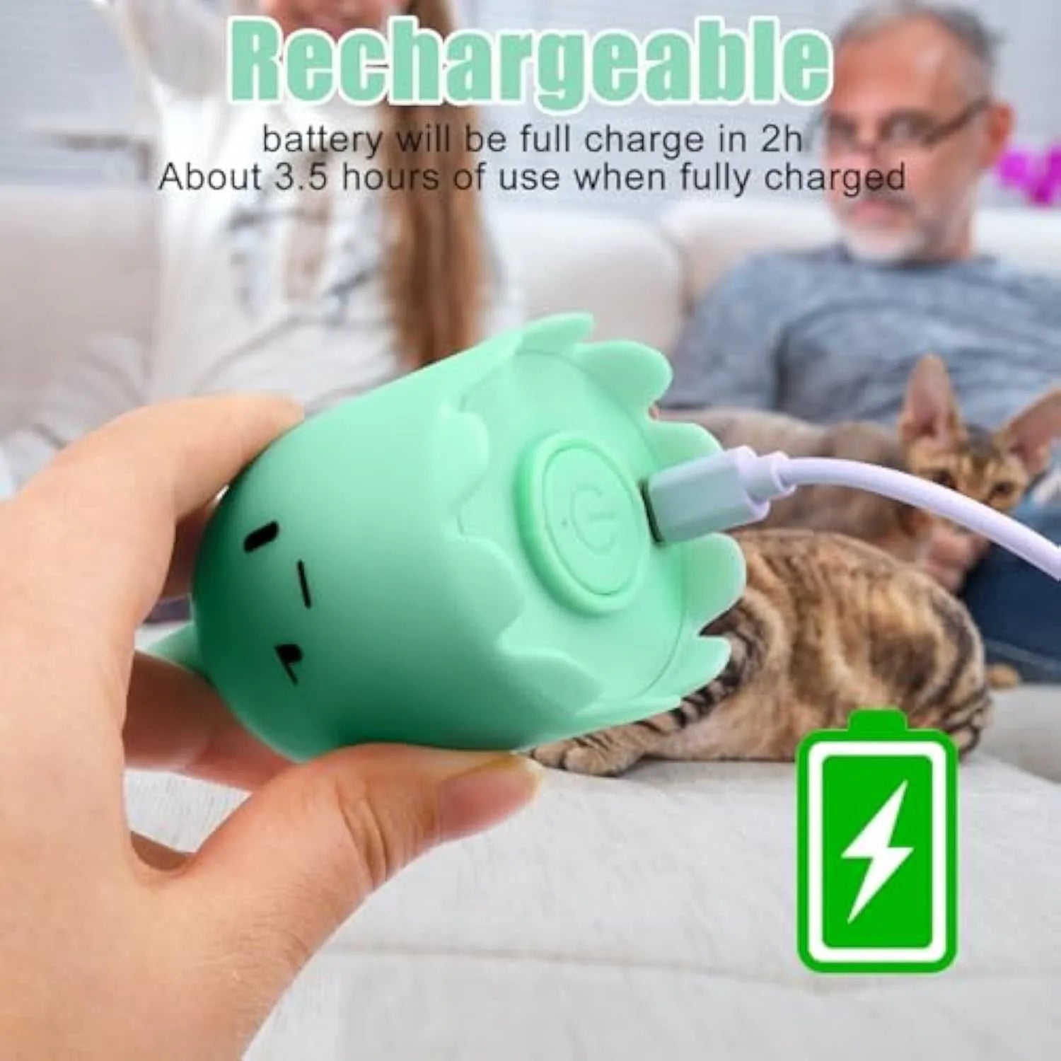 Green electronic cat wand toy with swinging silicone tails for indoor cat play
