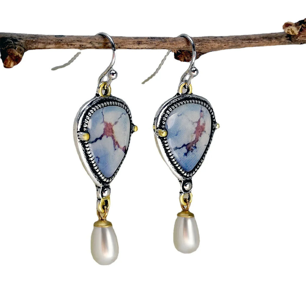 Retro blue drop earrings with geometric design measuring 49mm long, featuring synthetic opal and pearl elements