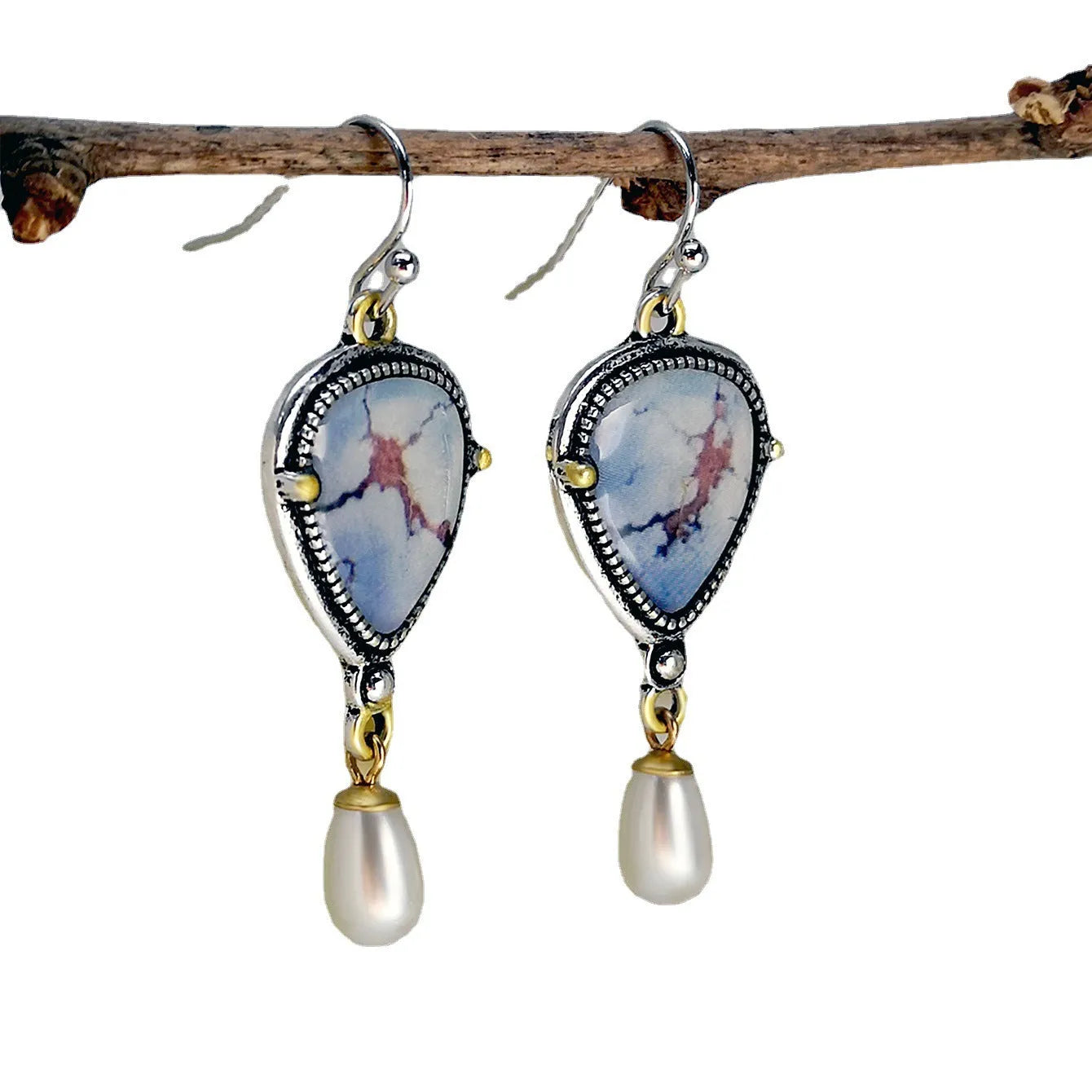 Retro blue drop earrings with geometric design measuring 49mm long, featuring synthetic opal and pearl elements