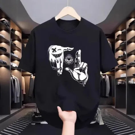 Men's grey bird eye mesh T-shirt with a cartoon digital print, showing round neck and short sleeves.
