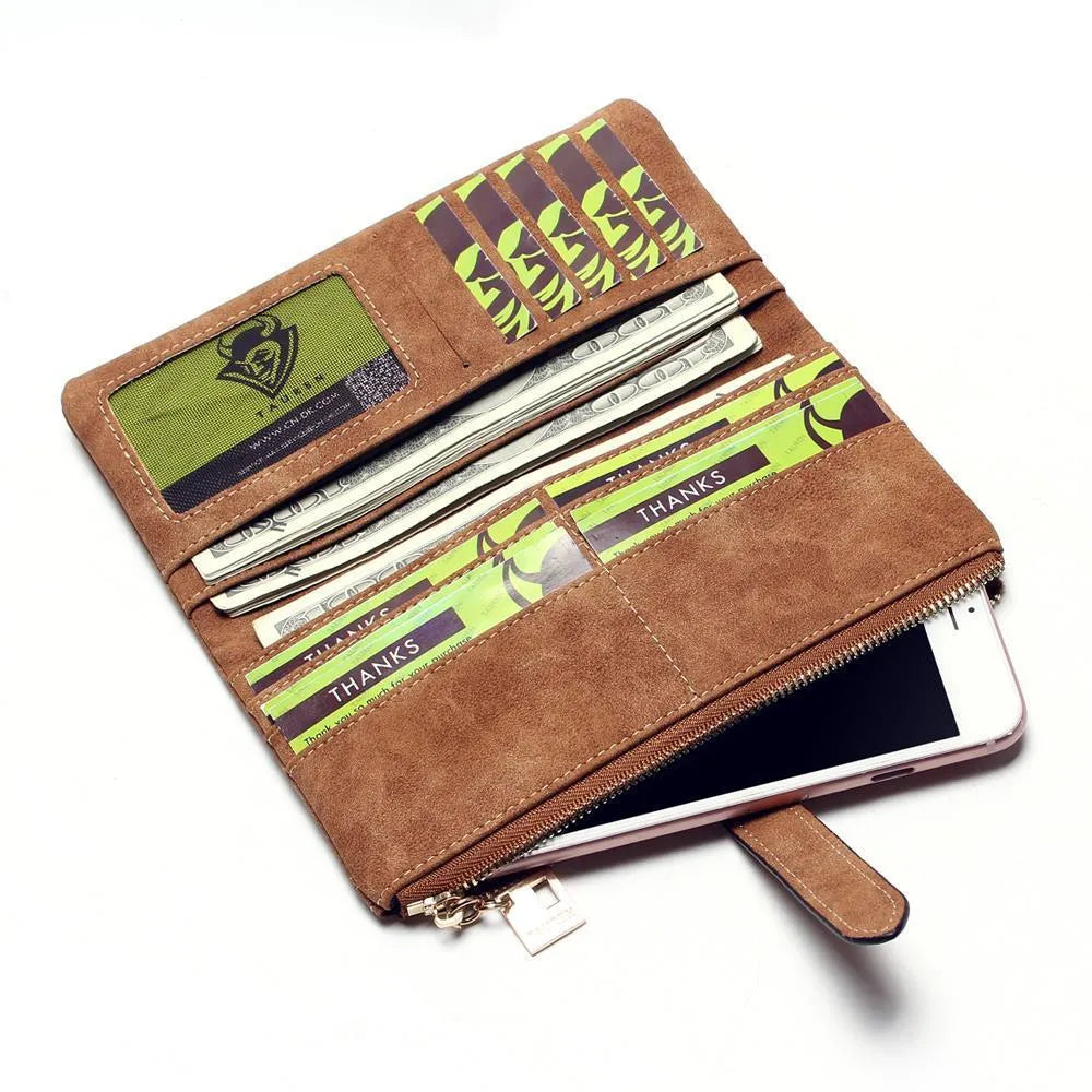 Women's long leather-style wallet with two-fold draw design in multiple colour options showing card compartments