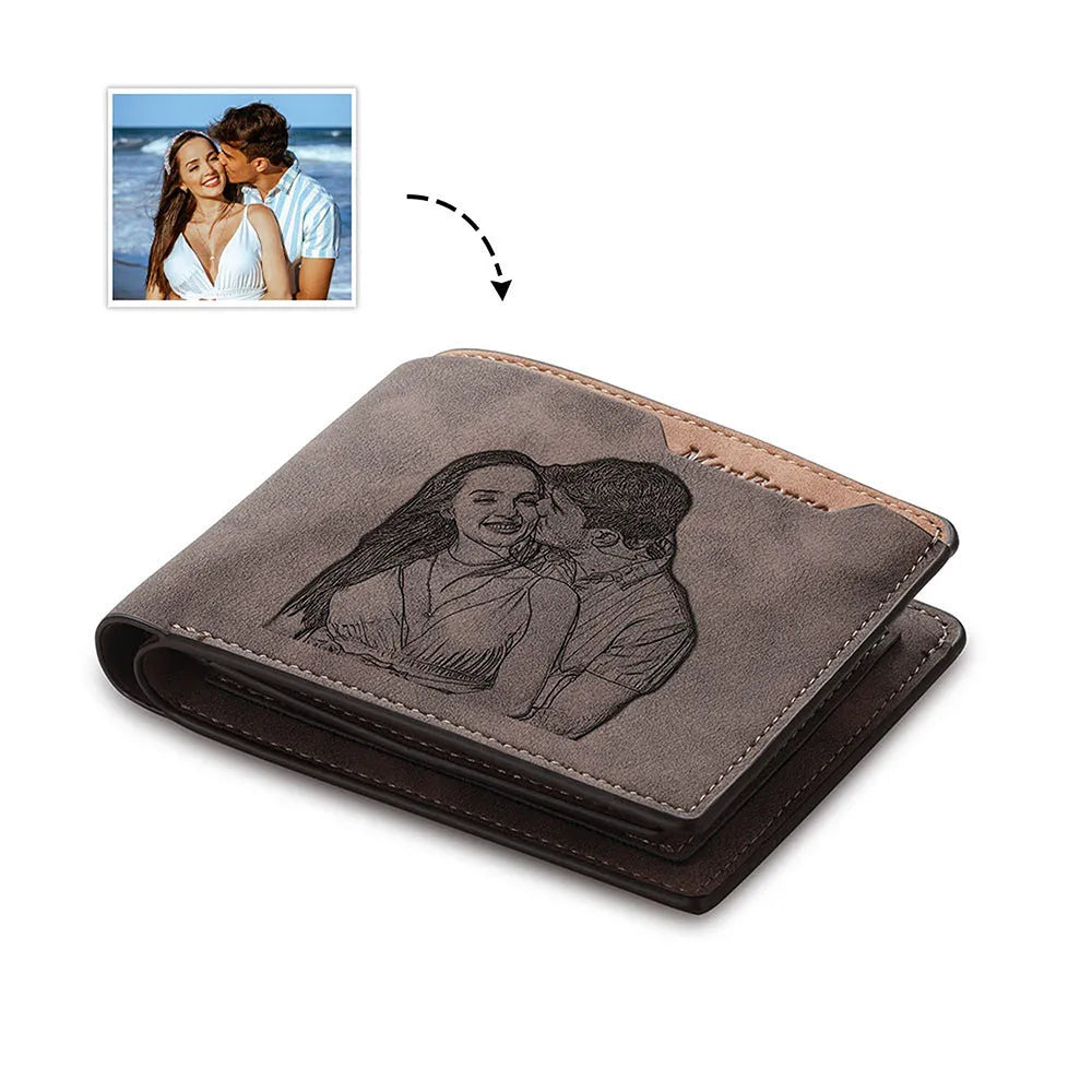 Coffee-coloured engraved horizontal short wallet showing personalised text and seven card slots