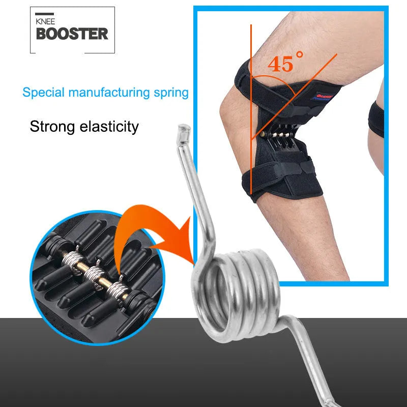 Adjustable spring-loaded knee support brace with straps on a grey background.