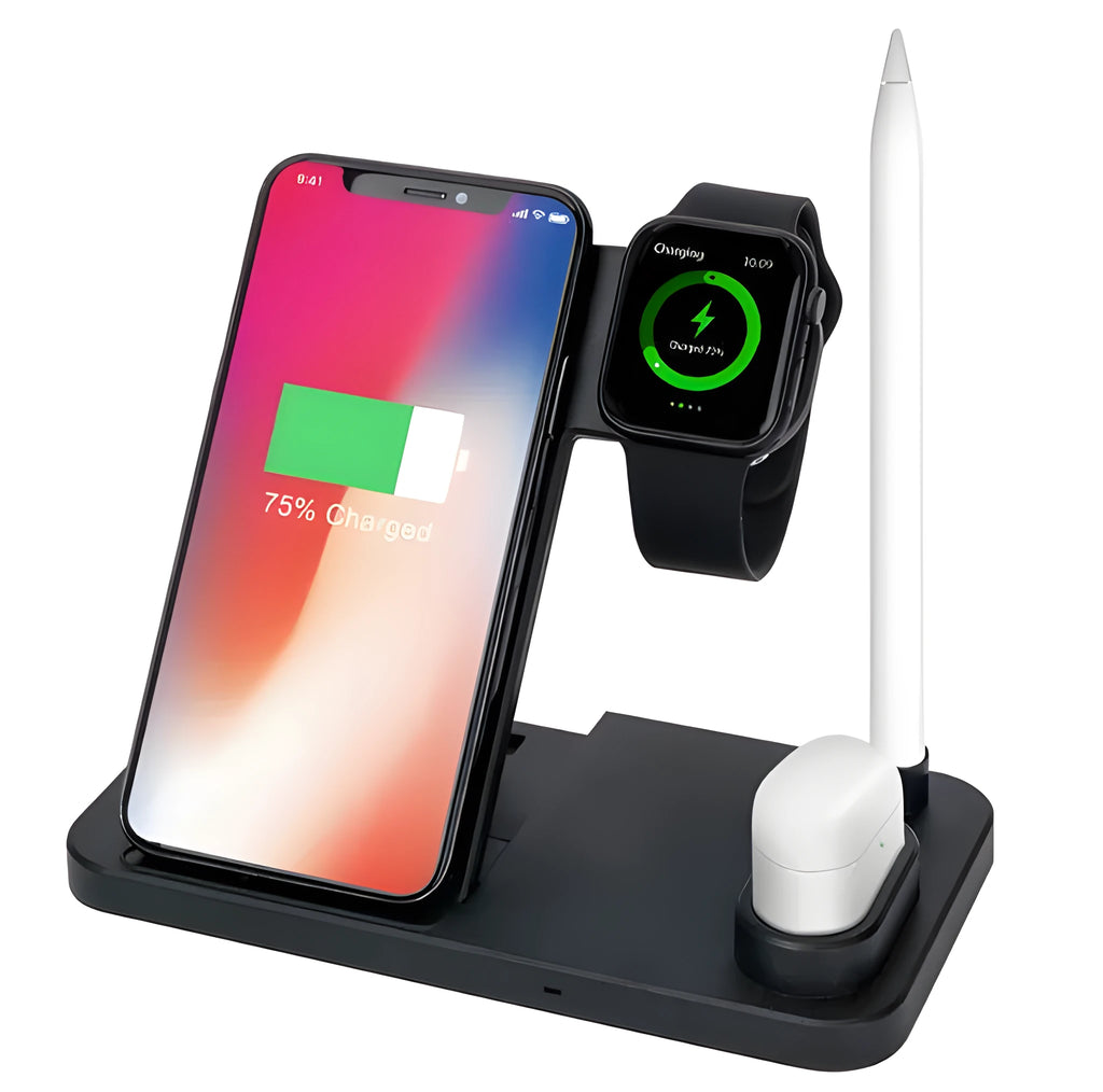 4-in-1 wireless charging station showing phone, Apple Watch, AirPods and Apple Pencil charging simultaneously on adjustable stand