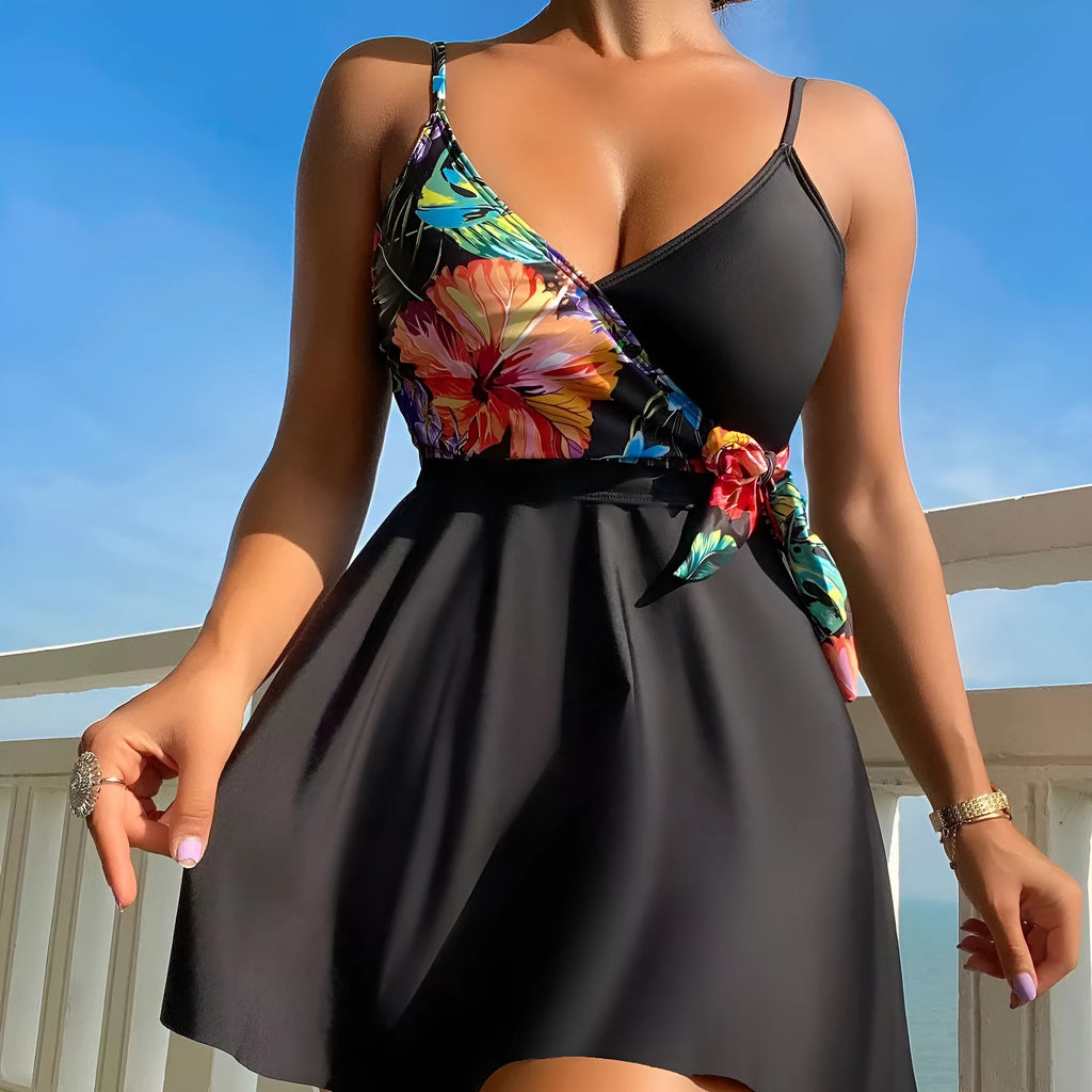 Black women's high waist printed bikini briefs on a plain background.