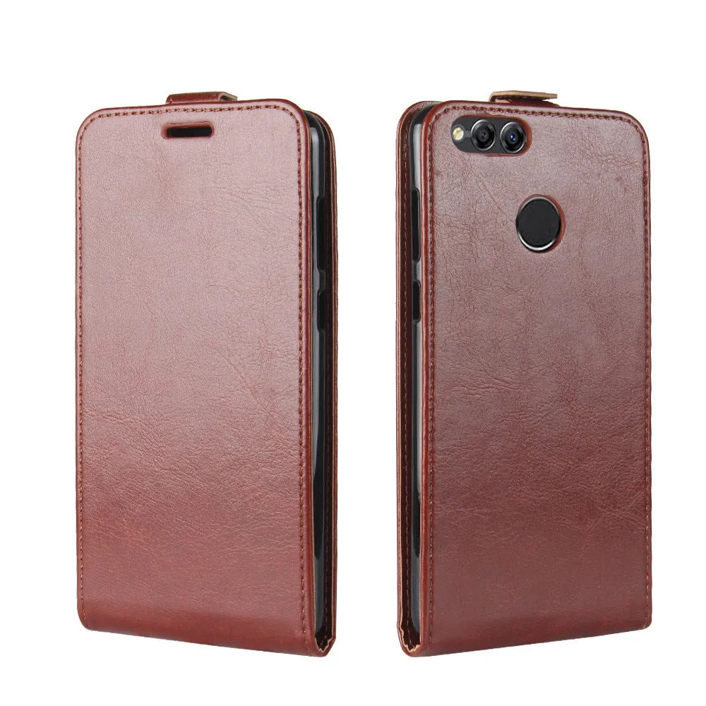 Honor 7X leather wallet phone case with card slots and crazy horse pattern texture in black colour
