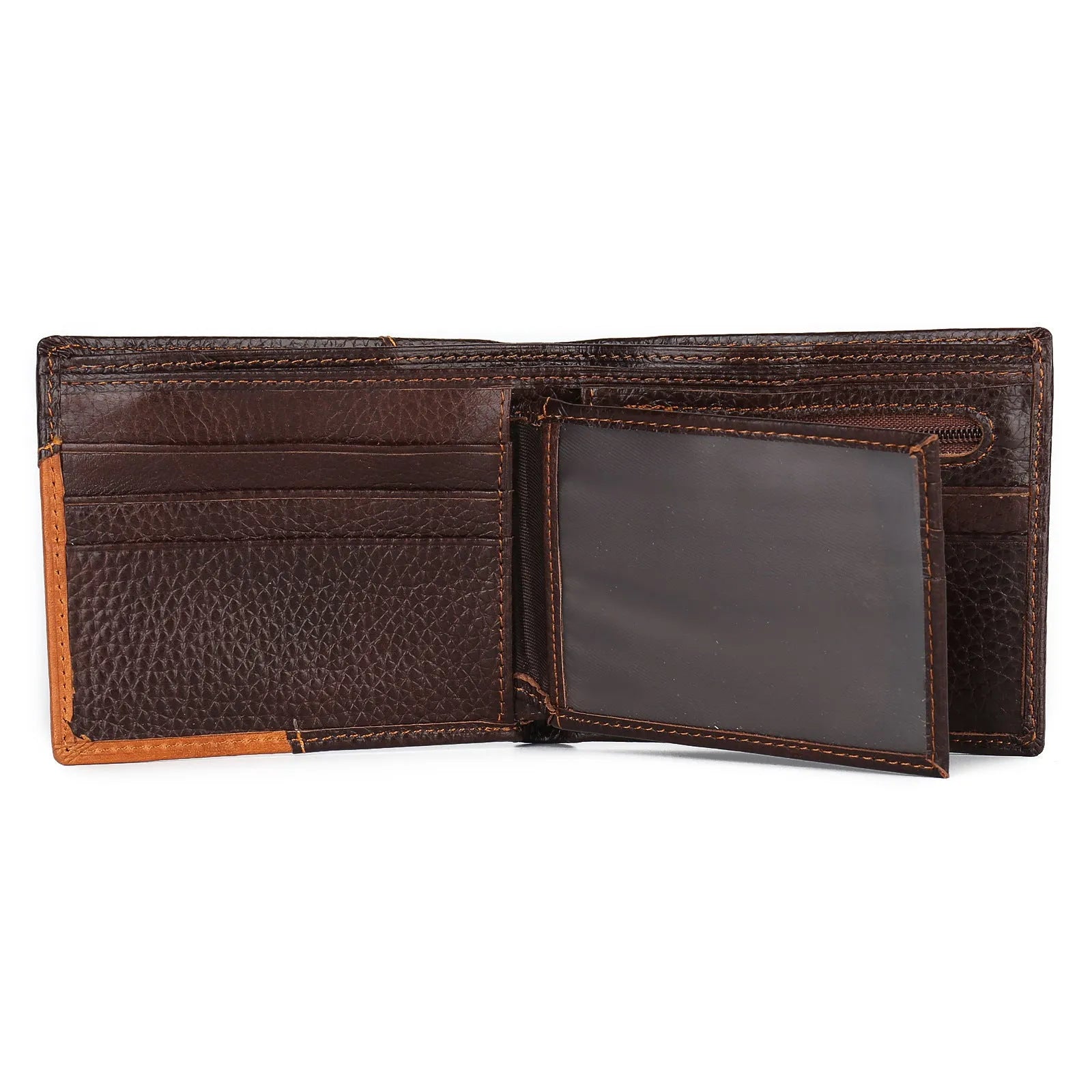 Men's soft leather 3-fold wallet with personality stitching and multiple internal card slots.