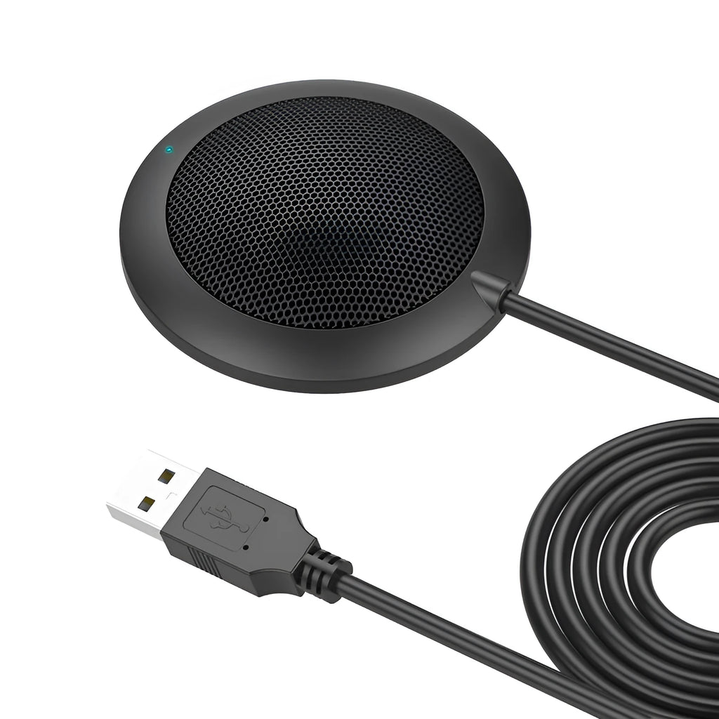 Black USB desktop microphone with metal mesh cover and 70mm diameter for computer recording