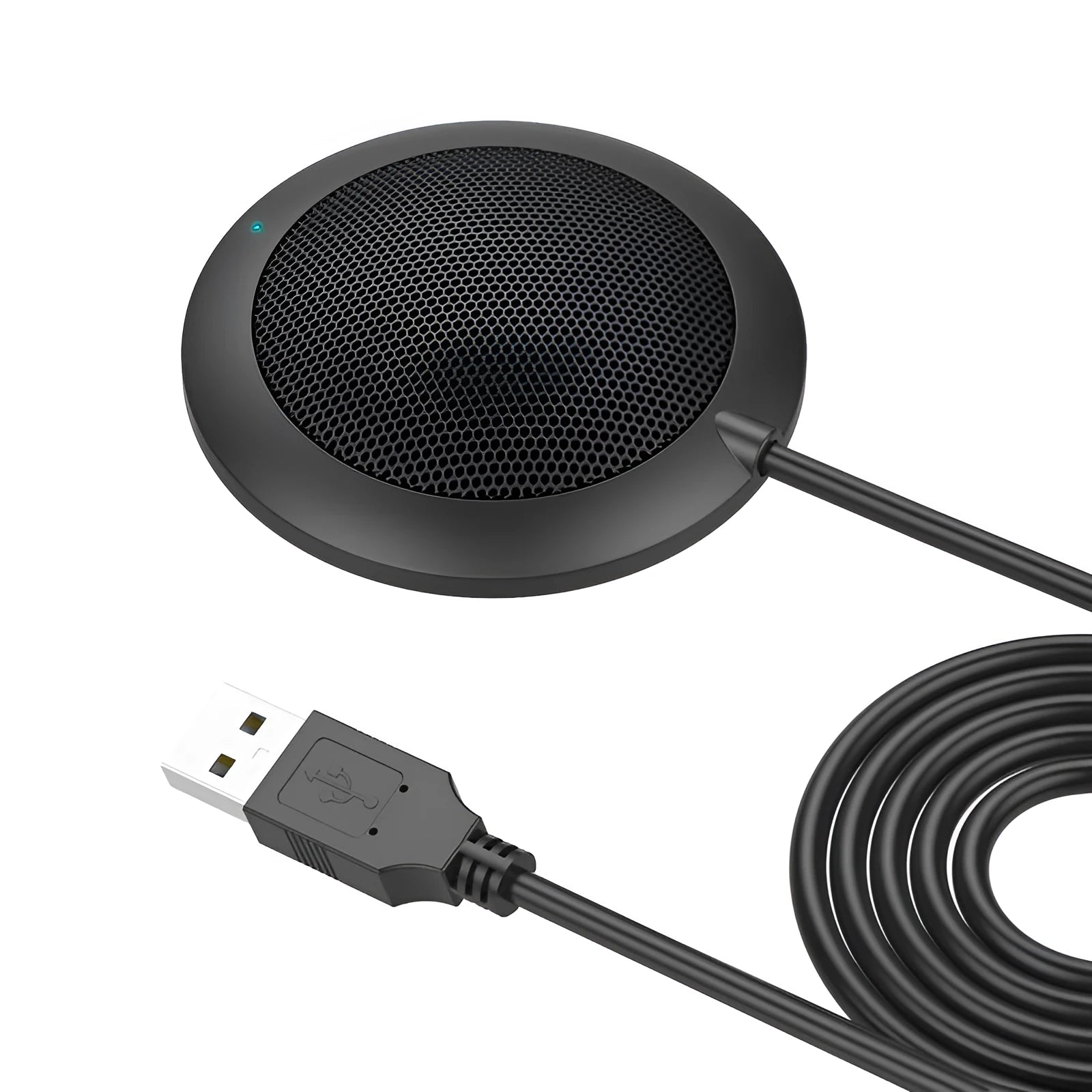Black USB desktop microphone with metal mesh cover and 70mm diameter for computer recording