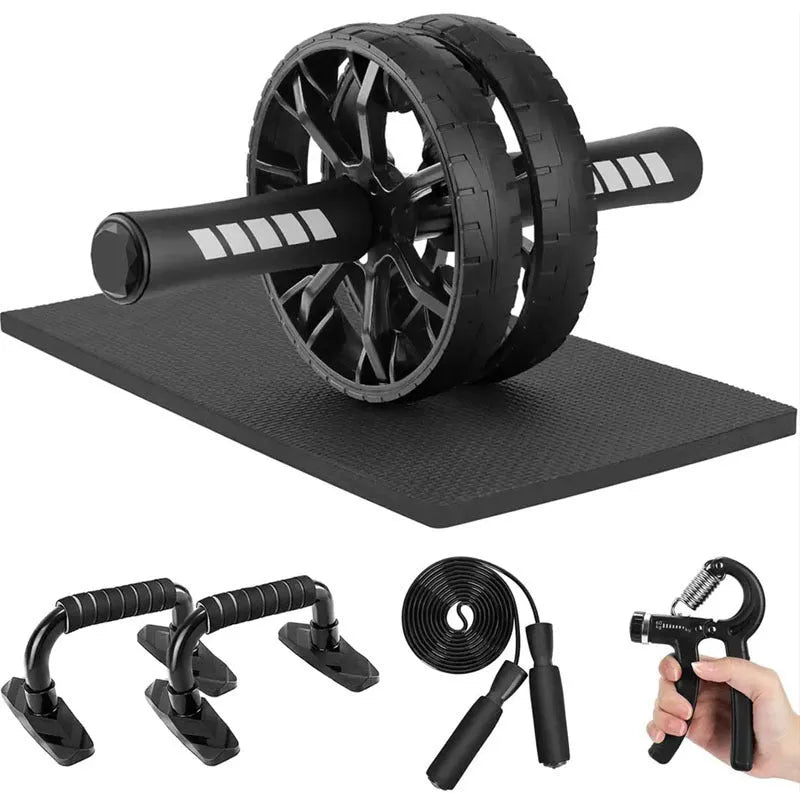 Push-up bracket set with seven abdominal wheels in red, green, black, and blue for indoor fitness
