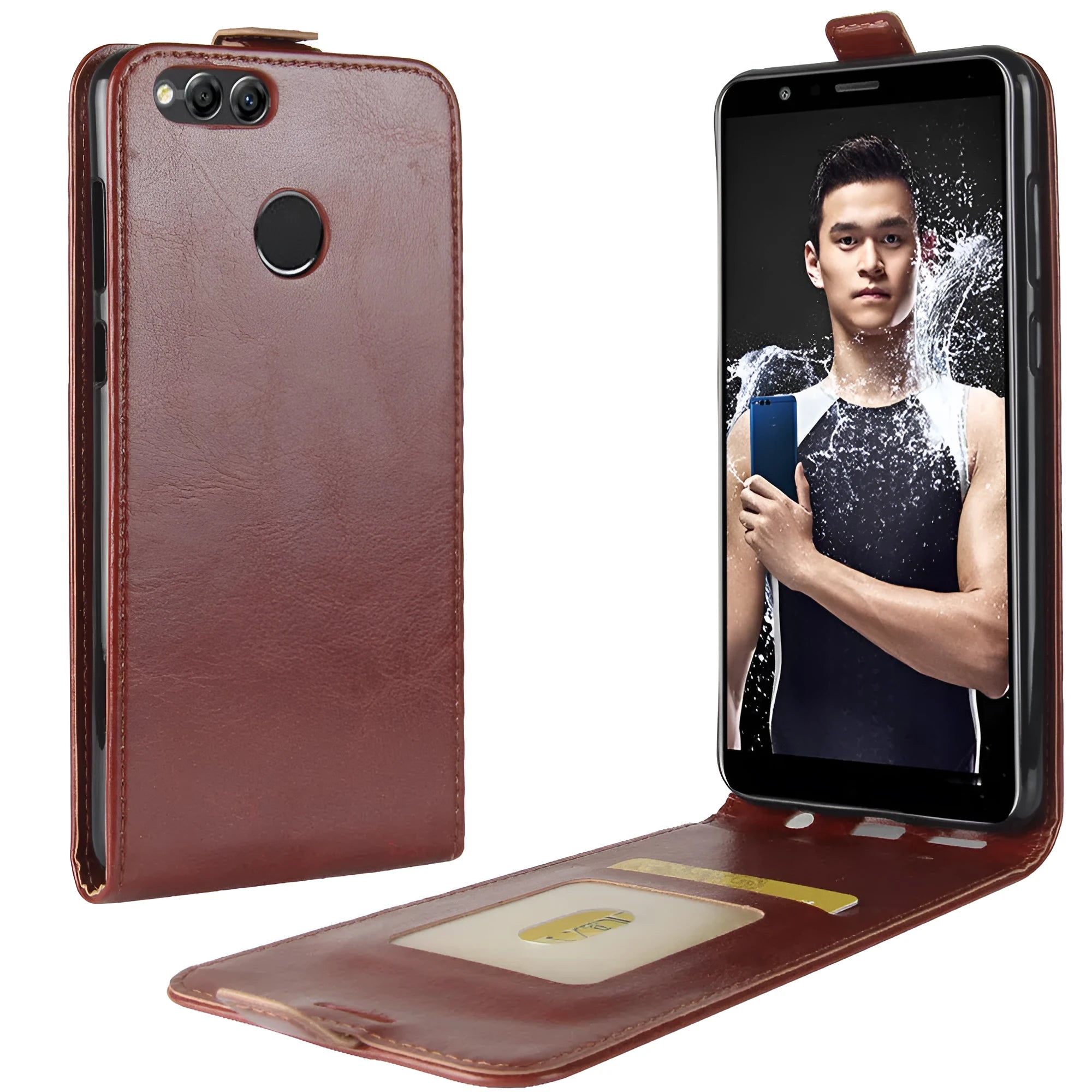 Honor 7X leather wallet phone case with card slots and crazy horse pattern texture in black colour