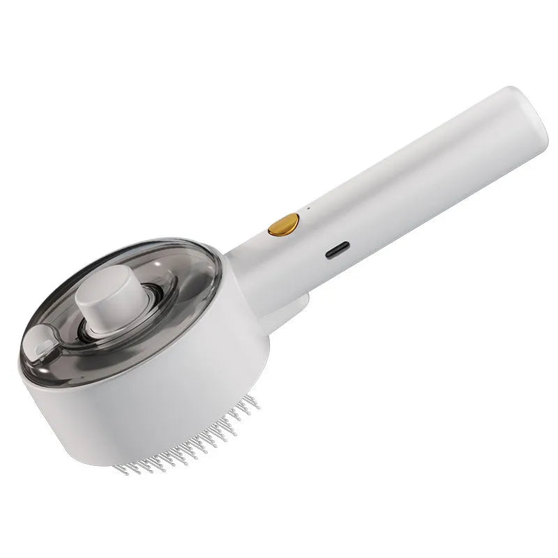 Ceramic White pet grooming brush with UVC light, mist spray nozzle, and soft needle head for dogs and cats.