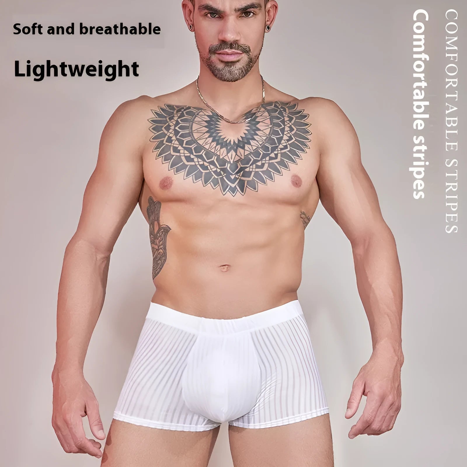 Men's thin transparent striped nylon underwear in black, white, and dark grey.