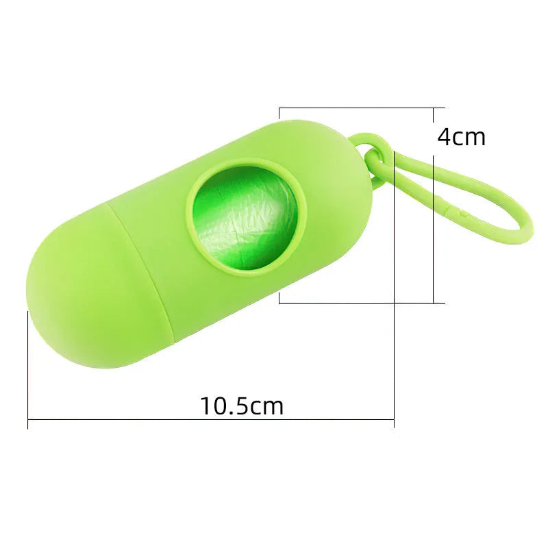 Small black dog poop bags holder with side hook and Velcro strap for attaching to leads or clothing.