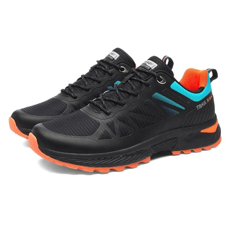 Men's black and orange outdoor running shoes with mesh upper and lace-up front.