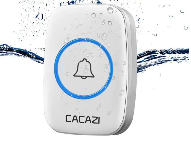 Wireless doorbell receiver and transmitter unit in white colour, showing plug and battery compartment.